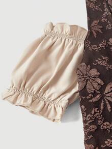 SHEIN MOD 女士优雅撞色提花露肩荷叶边修身衬衫，夏季 - 棕色 - 查看 6