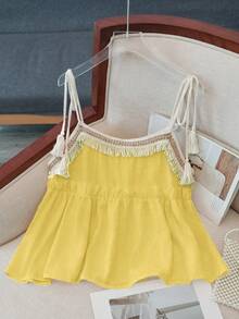 Franclia Áo tank top dáng rộng, thanh lịch, màu be, dây mảnh, phối tua rua, viền bèo nhún, thích hợp cho kỳ nghỉ xuân/hè của nữ. - Màu vàng - Xem 2