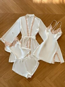 SilkySpell 四件套女士性感缎面睡衣套装，包括吊带背心、睡袍、短裤、蕾丝边饰，四季皆宜的多件套 - 白色 - 查看 2