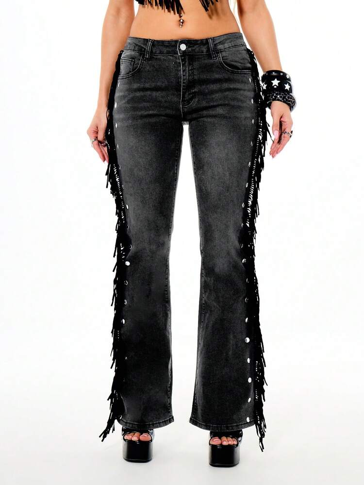 SUMWON WOMEN Women's Studded Fringe Detail Black Washed Denim Flared Bell Bottom Jeans Vintage Retro Style Boho Festival Western Inspired Pants
