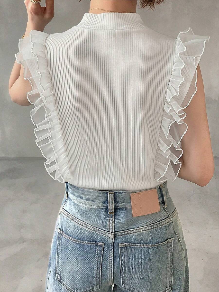 FRIFUL Camiseta sin mangas de verano con cuello alto acanalado, con volantes de malla y diseño de capas para mujer - Blanco - Ver 1