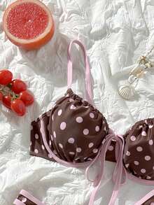 Swim Mod Bộ bikini 2 mảnh mùa hè dành cho nữ, in họa tiết chấm bi, có gọng, thắt nơ kiểu yếm và quần bikini viền bèo nhún, thích hợp cho kỳ nghỉ biển. - Nhiều màu - Xem 6