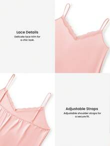 LUVLETTE Plus Size Sweet Romantic Light Pink Satin Nightgown Lace-Trimmed Camisole Sleep Dress Charming Romantic Lounge Wear Sexy Lingerie Slip Dress Pyjama - Pink - View 3
