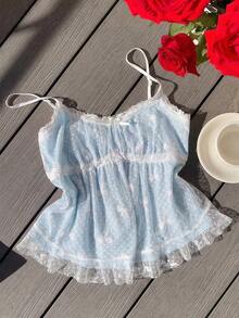 Comfortcana 女士撞色蕾丝蝴蝶结网眼吊带背心 - 藍色 - 查看 5