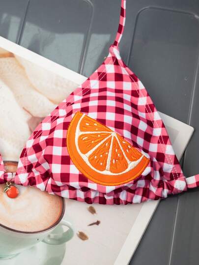 Swim Mod Women's Summer Beach Vacation Style Orange Embroidery Plaid Print Twist Front Halter Bikini Top