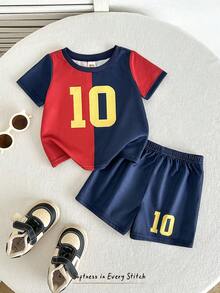 Cozy Pixies Set de 2 piezas de ropa casual deportiva de verano para niño bebé, con parte superior de cuello redondo de manga corta en tela de malla de punto suave con bloques de color y pantalones cortos de cintura elástica, adecuado para uso casual, deportes, parque infantil, fiestas, vacaciones - Multicolor - Ver 3