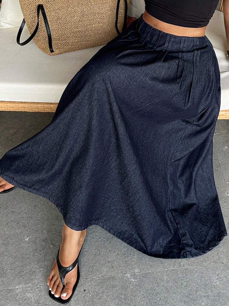 Dazy Plus Plus Size Women's Casual Pleated A-Line Long Denim Skirt, Loose Fit Vacation Style For Spring & Summer