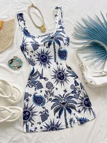 Soleia Vestido corto casual de tirantes finos con estampado para vacaciones - Azul y blanco - Ver 1