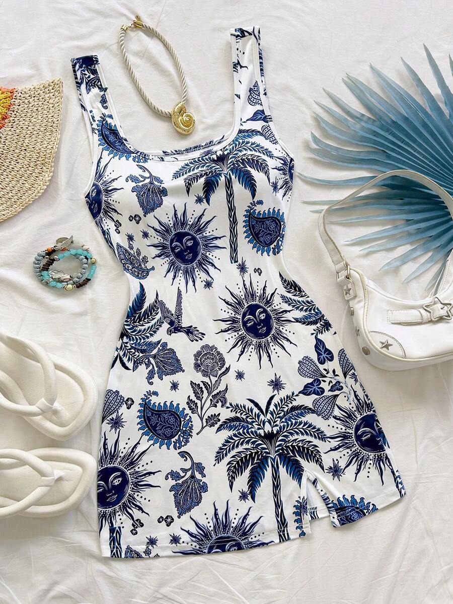 Soleia Vestido corto casual de tirantes finos con estampado para vacaciones - Azul y blanco - Ver 1
