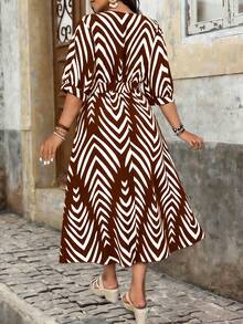 EMERY ROSE 优雅印花短袖连衣裙，夏季 - 咖啡棕 - 查看 2