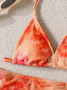 SHEIN Tween Girl Casual Vacation Beach Tropical Floral Print 3-Piece Bikini Set, Sweet & Vibrant Orange - Orange - View 6