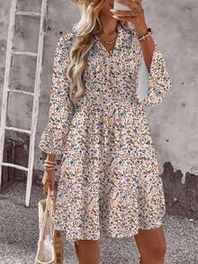 EMERY ROSE Lässiges, simples, kurzes Damenrock mit V-Ausschnitt, Dreiviertelarm, retrofloral Muster, geeignet für Herbst und Winter, schickes Kleid, Damensommerkleid, Frühlingsoutfit für Damen, Sommerkleid mit Ärmeln, Sommerkleid für Damen, florales Damenkasualkleid, Damenkleid mit Blumenmuster, Frühlingsblumen-Minikleid - Verschiedenfarbig - Übersicht 4
