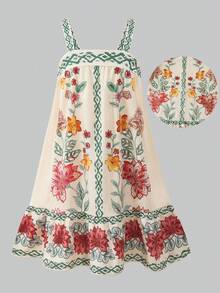 Tween GirlsCasual Vacation White Floral Print Bow Strap Dress, Summer Outfits, White Dresses, Fashionable Design Versatile Suitable For Holiday, Travel, Campus, Daily Wear - Multicolor - View 1
