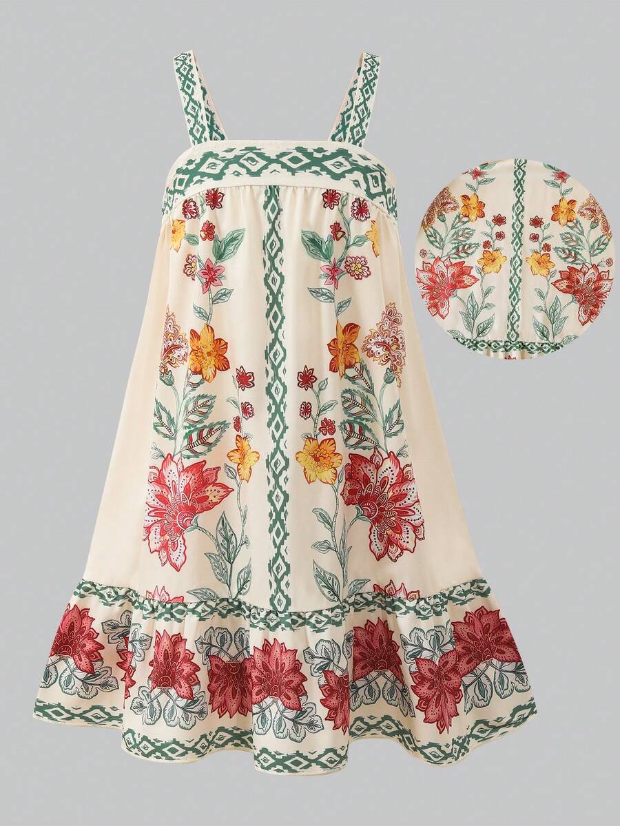 Tween GirlsCasual Vacation White Floral Print Bow Strap Dress, Summer Outfits, White Dresses, Fashionable Design Versatile Suitable For Holiday, Travel, Campus, Daily Wear - Multicolor - View 1