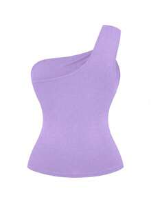 Velvienne 大码女士优雅单肩紧身黑色上衣，饰有金属装饰 - 紫色 - 查看 2