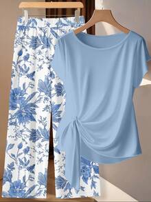 EMERY ROSE Women's Tie Bow Blouse And Straight Leg Pants 2 Pieces Set - Multicolor - View 1