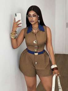 Maweii Plus Size Contrast Color Collar Sleeveless Top And Shorts 2 Pieces Set - Brown - View 3