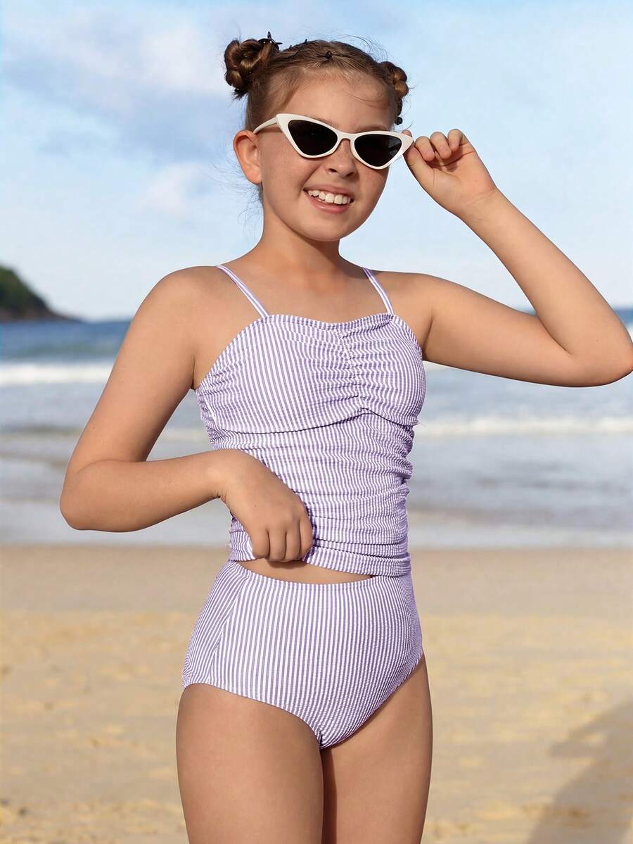 SHEIN 女童条纹两件式坦克泳衣 - 淡紫色 - 查看 1