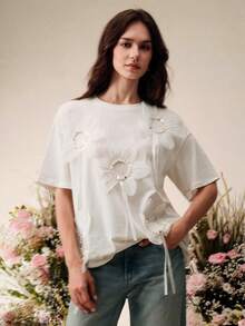 Anewsta Camiseta de cuello redondo, nueva moda primavera/verano, holgada, decorada con remaches y perlas, de algodón puro, unicolor, de manga corta - Blanco - Ver 4