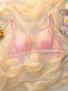 DelicateAllure Curve Lingerie 日常穿着，简约网纱拼接大码钢圈文胸，黑色 - 淺粉色 - 查看 6