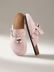 Solecia 女士新款半包式拖鞋，采用绒面革材质，舒适百搭，适合外出购物 - 粉色 - 查看 2