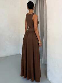 SHEIN BAE Women's Elegant Solid Brown Dress With Wide Collar And Flared Skirt, Suitable For Spring And Summer,Summer Dresses For Women - Brown - View 2