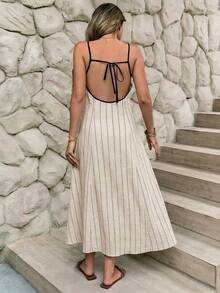 Serisse Đầm midi nữ kẻ sọc hở lưng buộc dây kiểu dáng thường ngày - Màu be - Xem 2