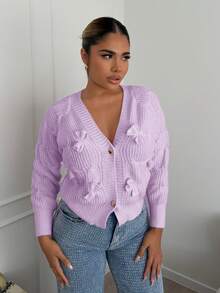 女士柔粉色蝴蝶结开衫 - 淡紫色 - 查看 6