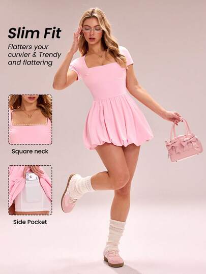 Sovereign Charm 女士休闲日常通勤简约纯色方领收腰泡泡下摆运动连衣裙，夏季