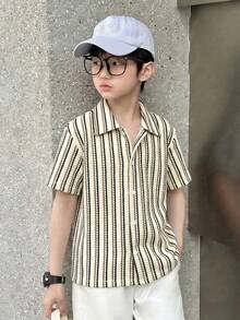 Mirajuku Camisa de cuello con textura de gofre y rayas para niño preadolescente, tela cómoda adecuada para uso diario, ir y venir, salidas casuales, viajes y vacaciones. Se puede combinar con pantalones cortos para un look sencillo, limpio y de moda. - Albaricoque - Ver 6
