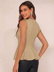 Amorya 女士纯色休闲百搭日常上衣，荷叶边上衣，优雅高贵女士束身胸衣 - 卡其色 - 查看 2