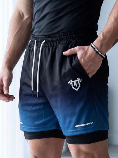 GymBeat Men's Ombre Drawstring Waist Double-Layer Sports Shorts, Summer