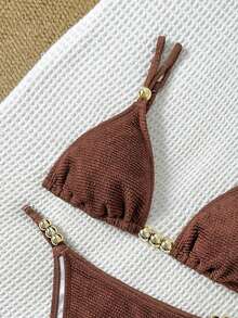 Swim Chiccia Enfärgad design med flera remmar, justerbart spänne i metallpärlor i midjan, elegant baddräktsset för kvinnor - Brun - Visa 8