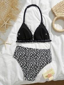 Bộ bikini họa tiết da báo dành cho bé gái tuổi teen, kiểu cổ yếm, cúp ngực tam giác, màu đen trắng giản dị, chất liệu vải dệt kim, thích hợp cho bơi lội, bãi biển, hồ bơi, kỳ nghỉ hè, lễ hội. - Đen và trắng - Xem 2