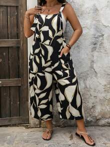 SHEIN LUNE CURVE Plus Size Drawstring Pocket Decor Straight Leg Jumpsuit - Multicolor - View 1