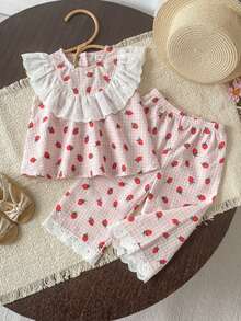 Baby Girls' Sweet Cute Strawberry Print Plaid Sleeveless Round Neck Drawstring Design Collar Embroidered Floral Trim Loose Tank Top And Floral Trim Pants Comfortable Casual T-Shirt Set - Pink - View 1