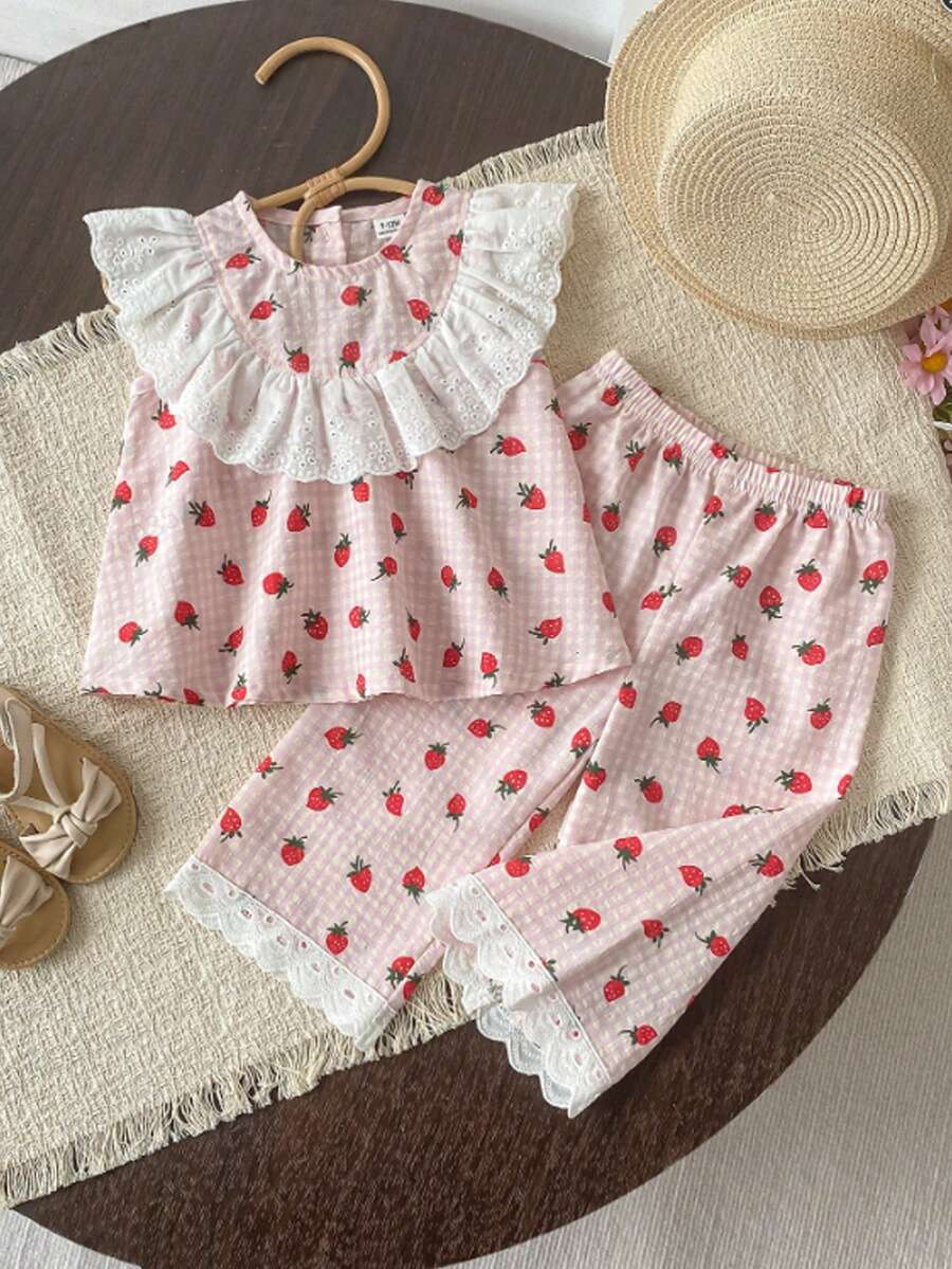 Baby Girls' Sweet Cute Strawberry Print Plaid Sleeveless Round Neck Drawstring Design Collar Embroidered Floral Trim Loose Tank Top And Floral Trim Pants Comfortable Casual T-Shirt Set - Pink - View 1