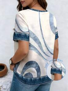 EMERY ROSE Patchwork Pattern Ribbed V-Neck Short Sleeve Casual Plus Size T-Shirt, Spring & Summer - Multicolor - View 2