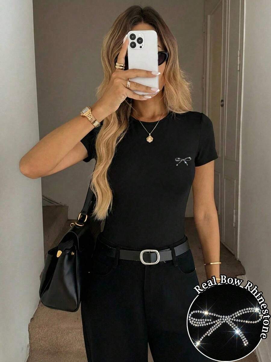 SHEIN LUNE Rhinestone Embellished Crew Neck Fitted Butterfly Print Short Sleeve T-Shirt, Suitable For Spring/Summer Rhinestone Hot-Stamped Rhinestone Top With Real Rhinestone Bow Shape,Summer Top - Black - View 1