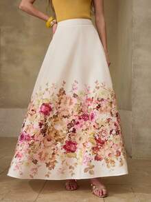 MOTF PREMIUM WOMEN'S FLORAL PRINT LINEN-LIKE LONG SKIRT, CASUAL & DATE WEAR, SPRING/SUMMER - Multicolor - View 3