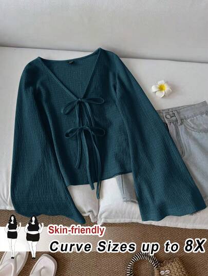 SHEIN CURVE+ Plus Size Women Casual Tie Front Flare Sleeve Top