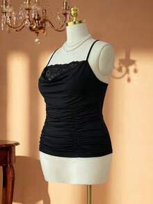 Rometta Plus Size Lace Patchwork V-neck Camisole Top - Black - View 11