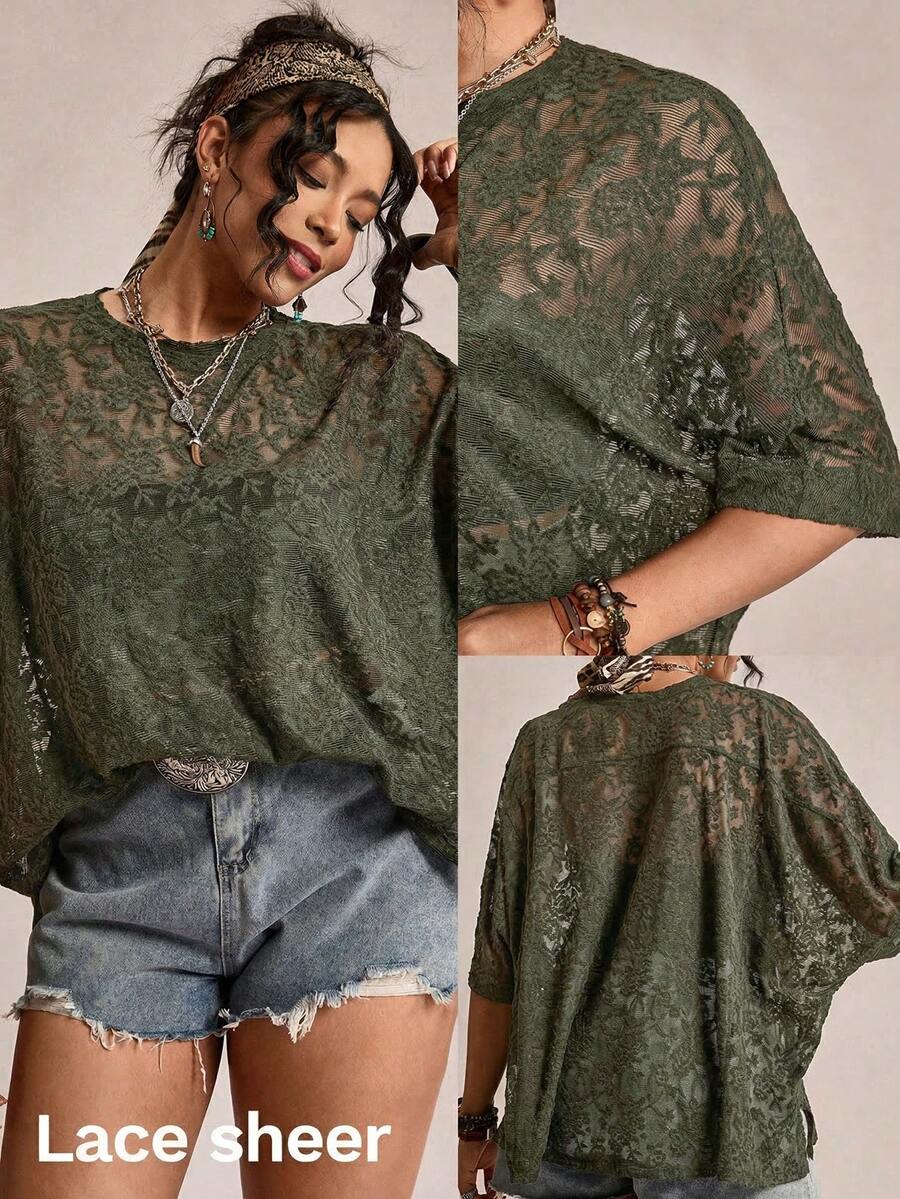 Freevana Plus Size Sheer Lace Casual T-Shirt Top Lace Blouse For Women Lace Shirts For Women Casual Tops For Women Elegant Blouse For Women Casual Elegant Latest Tops For Women Women's Lace Tops Women's Sheer Tops Lace Blouses For Women Women's Short Sleeve Tops Women's Tops And Blouses Mother's Day - Olive Green - View 1