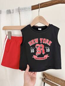 2pcs Baby Boy Black And Red Summer Casual Beach Sports Contrast Color Letter & Graphic Knit Soft Round Neck Pullover Top And Elastic Waist Shorts Set - Multicolor - View 8