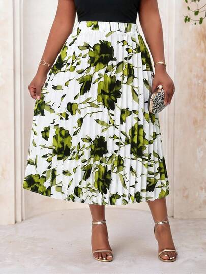Fleurora Spring And Summer Casual Elegant Boho Casual Outing Beach Elegant Office Work Colorful Green Woven Pleated Midi Plus Size Skirts  Plus Size Women Floral Print Pleated Casual Versatile Date Outing A-Line Skirt Summer Clothes Summer Outfits For Women Beach Outfits For Women Vacation Outfits Women Holiday Outfits For Women Country Concert Outfit  Country Style For Women