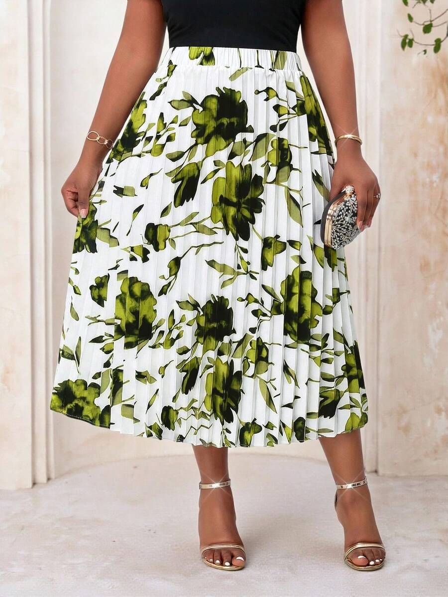 Fleurora 大码女式印花褶皱休闲百搭约会外出A字裙 - 彩色 - 查看 1