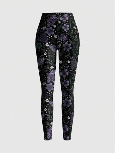 ROMWE Fairycore Nature-Inspired Leaf Print Sexy Skinny Leggings For Women