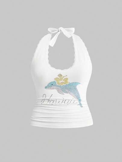 Sweetness Áo tank top nữ kiểu dáng thoải mái, dễ thương, họa tiết cá heo đính đá, thích hợp cho kỳ nghỉ trên đảo.