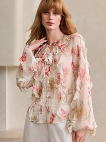 Arave Women's V-Neck Chiffon Fabric Long Sleeve Ruffle Striped Casual Blouse - Apricot - View 6