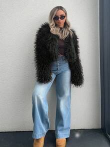 Jeta Ari Áo khoác lông giả ngắn thời trang gợi cảm dành cho nữ, Thu/Đông - màu đen - Xem 7